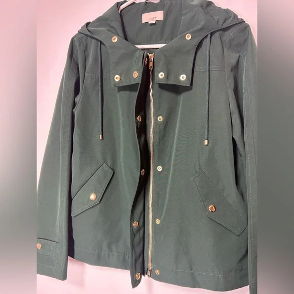 LOFT Dark Green Hooded Jacket with Gold Accents - Picture 2 of 12